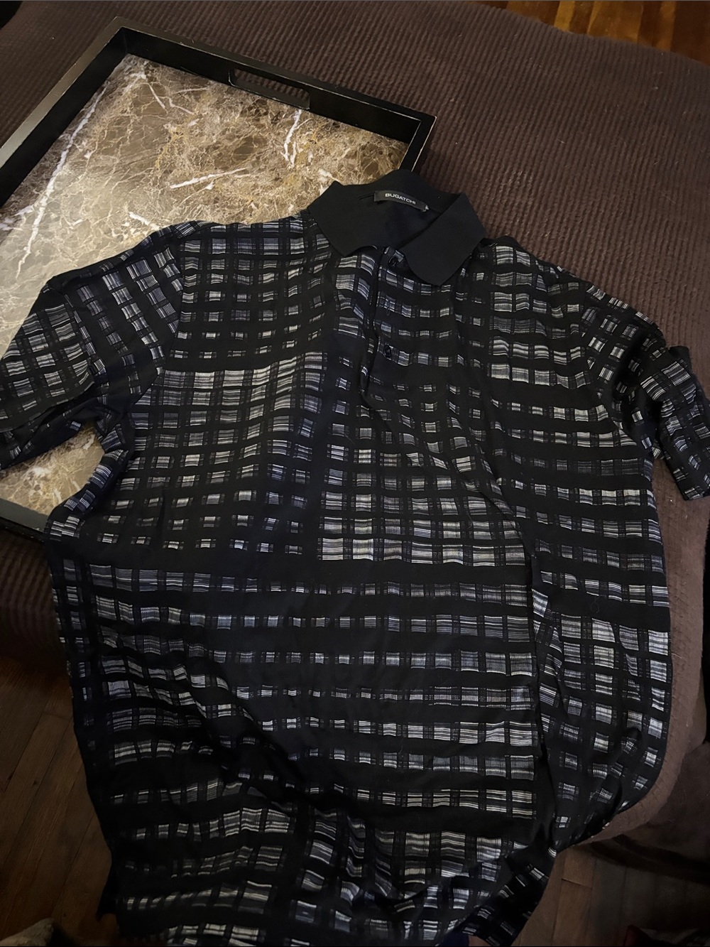 Bugatchi Black Plaid Short-Sleeve Polo